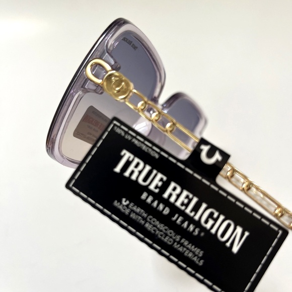 New Original TRUE RELIGION Oversized Square Sunglasses Clear Purple Acetate Gold - Picture 4 of 6